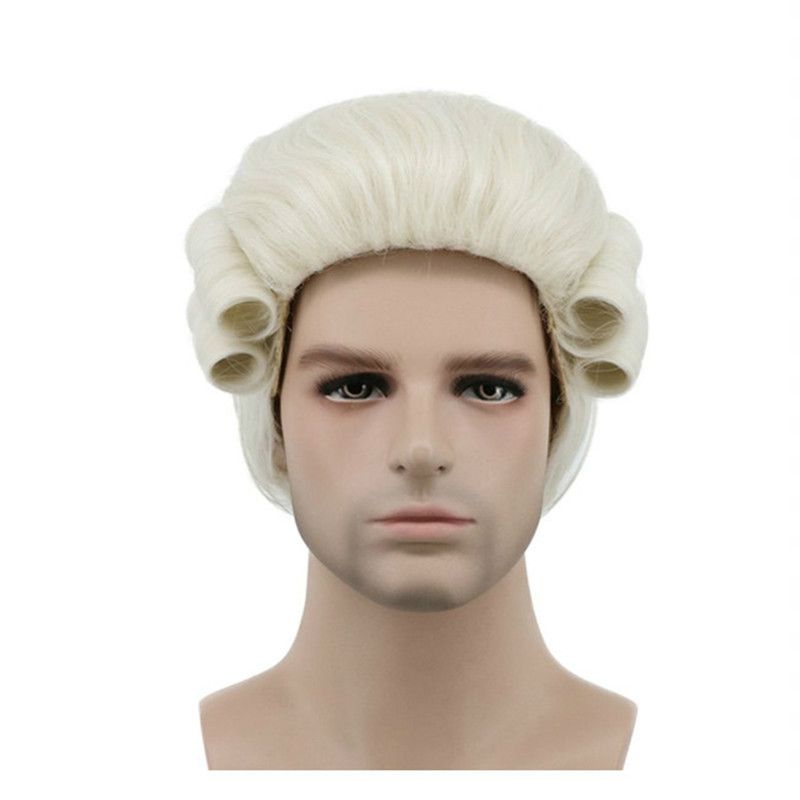 Grey Black White Lawyer Judge Baroque Curly Male Costume Wigs Deluxe  Historical Long Synthetic Cosplay Wig for Halloween