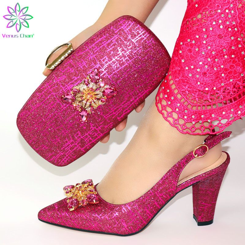fuchsia shoes and matching bag