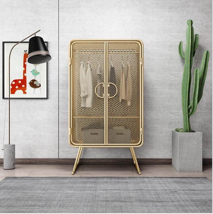 2020 Iron Simple Mesh Golden Wardrobe Double Door Clothes And Hats