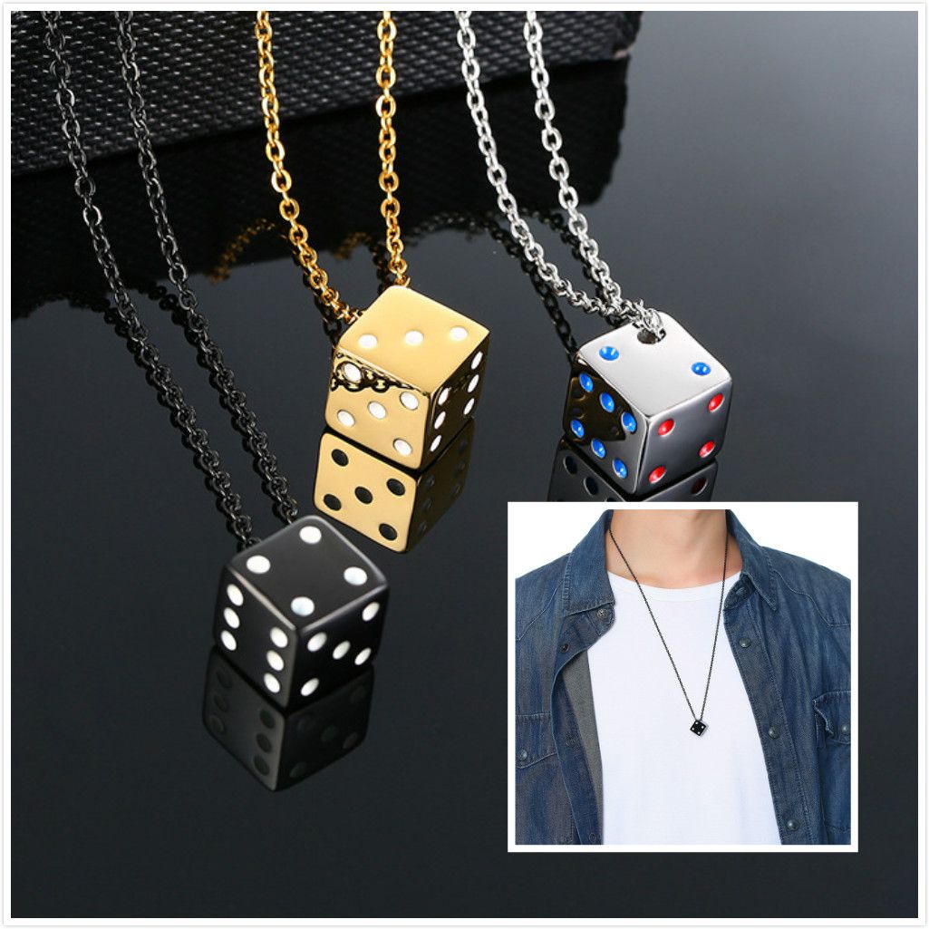 Fashion Stainless Steel Dice Mens Ladies Pendant Necklace Chain Charm Gift