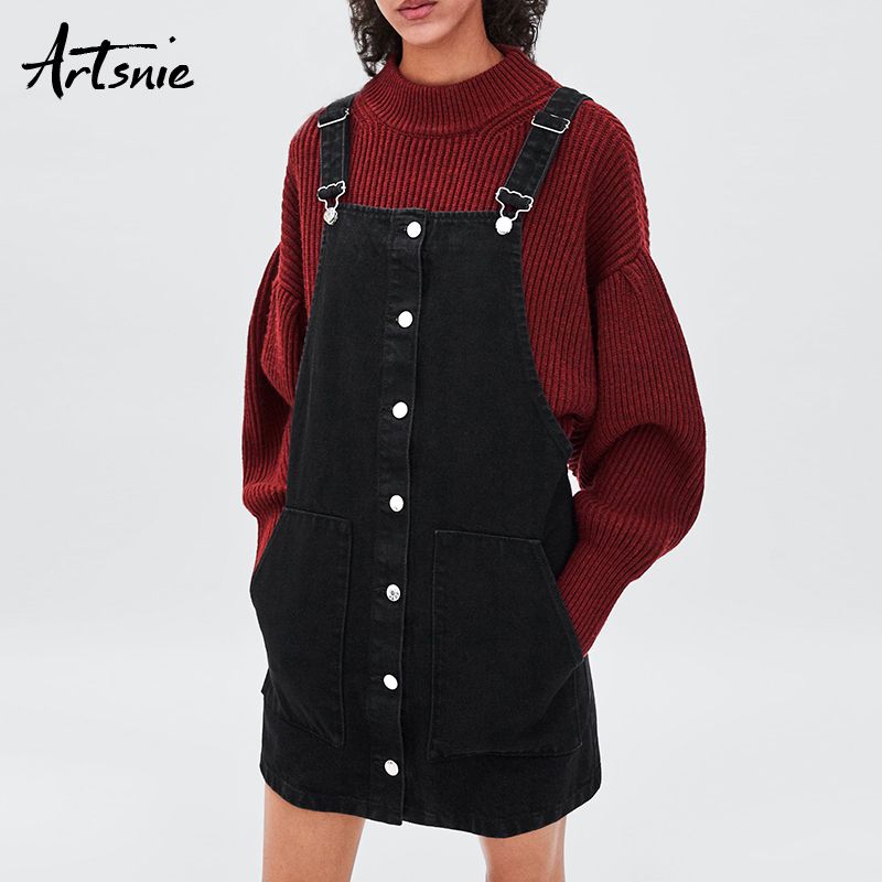 red denim overall dress