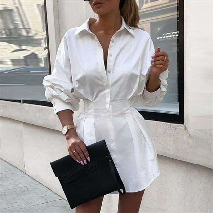 Recopilar Manga Larga De La Cintura De Las Señoras Vestidos De Trabajo Camisa Del Color Sólido Loose Mujer Ropa Informal Para Mujer De Cuello De Solapa De 29,92 € | DHgate