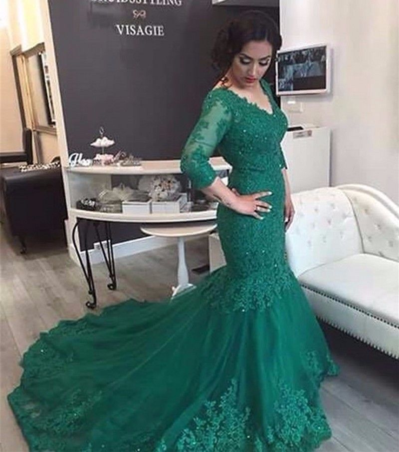 Fiesta de la sirena con encaje verde esmeralda vestidos de gala con cuello en v