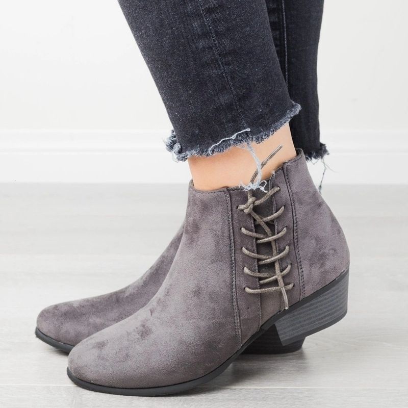 Womens Fashion Casual Pointed Toe Lace Up Ankle Black Boots Low Heel Shoes New