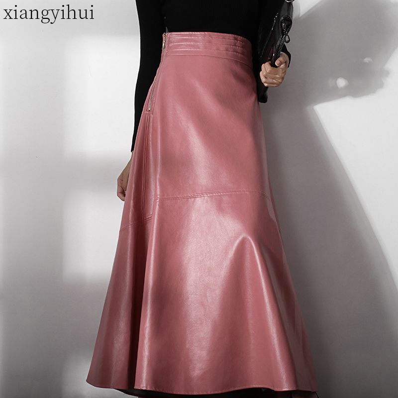 pink leather a line skirt