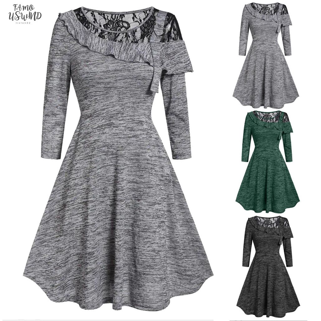 Christmas Dress Autumn Dress Womens Solid Long Sleeve Asymmetric