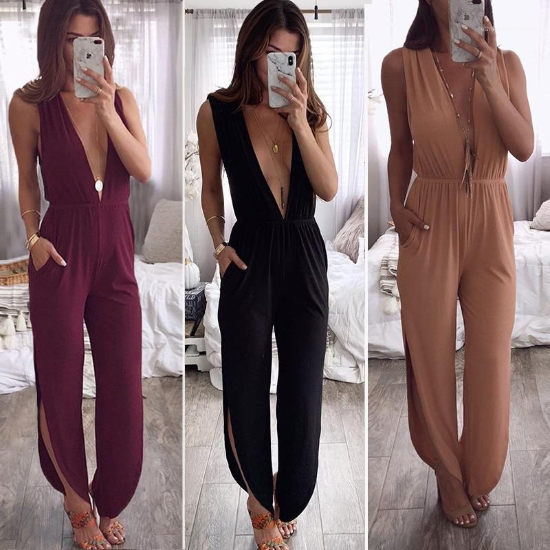 sexy deep v sleeveless halter jumpsuit