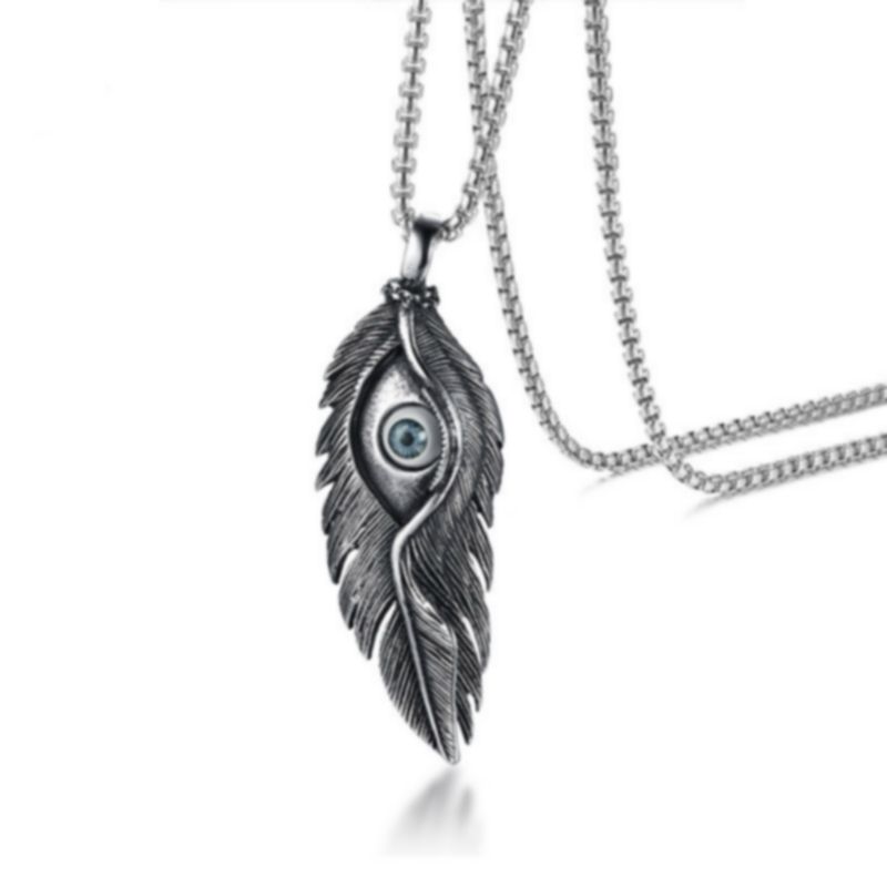 Stainless Steel Polished/Antiqued Feather w/Black CZ Necklace 