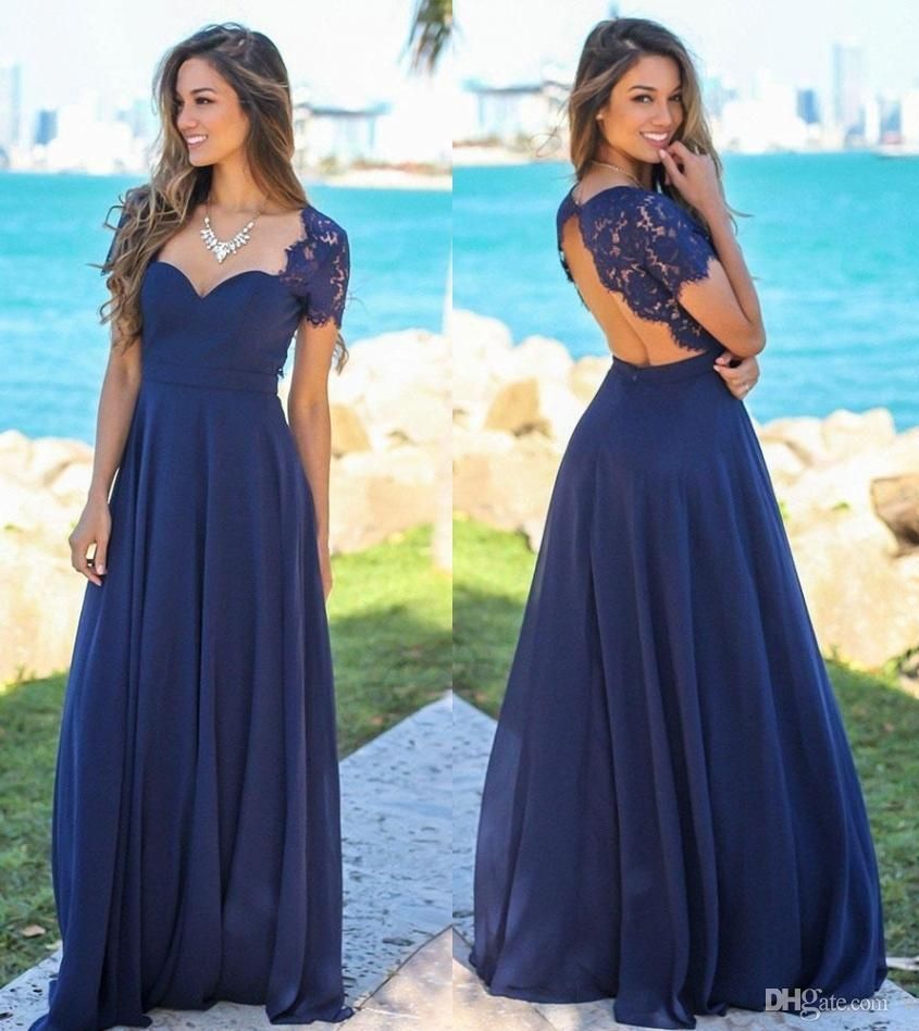 Nuevos vestidos de dama de honor de azul marino Blue Country Scoop Hollow Back Lace