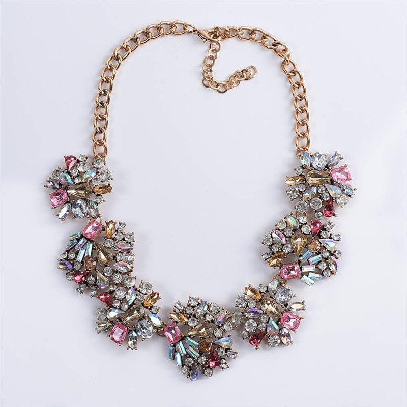 Elegant Women Crystal Flower Statement Bib Chain Choker Pendant Necklace Jewelry