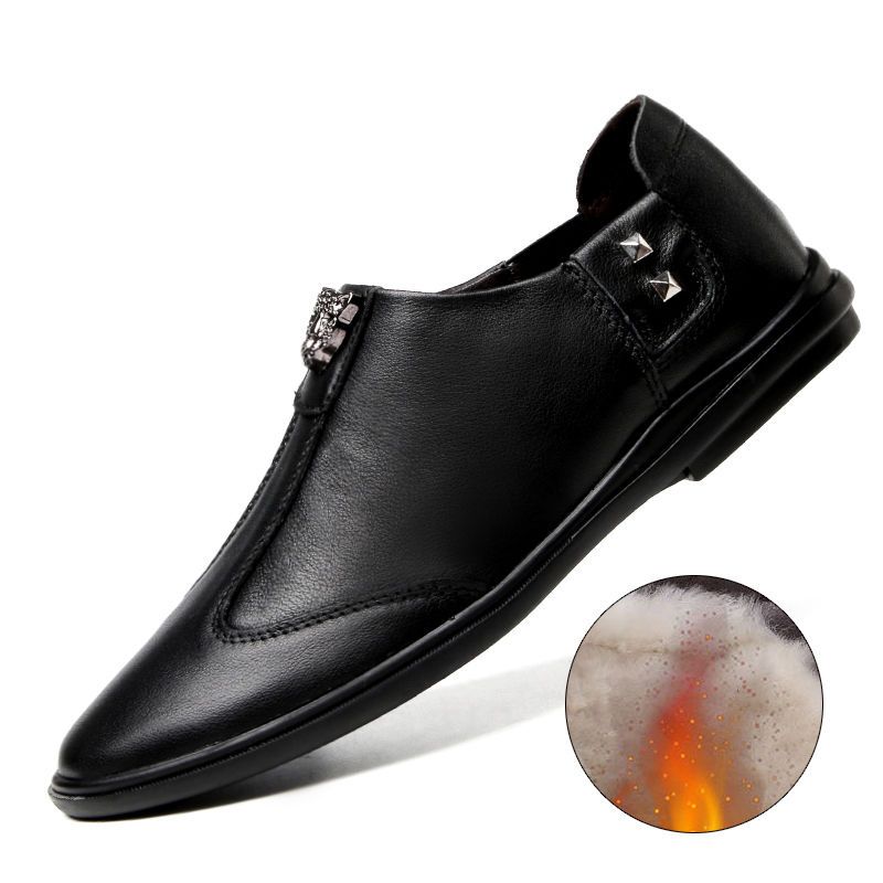 Winter New Mens Business Leather Shoes Plus Velvet Warm Mens Pea