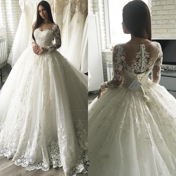 Acheter Robes De Mariée Princesse Robe De Mariée 2019 Illusion Décolleté Manches Longues En Dentelle Robe De Mariée Robes De Mariée Pure Baguage