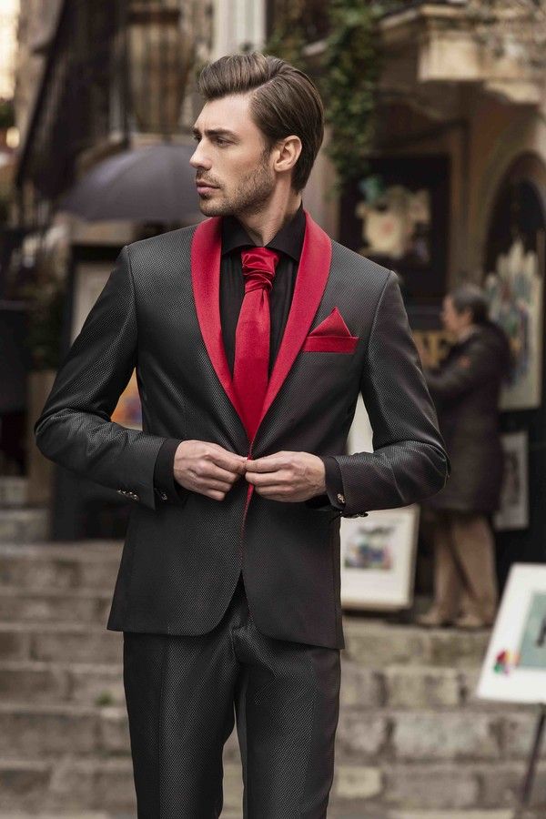 Red And Black Men Suits Three Pieces 