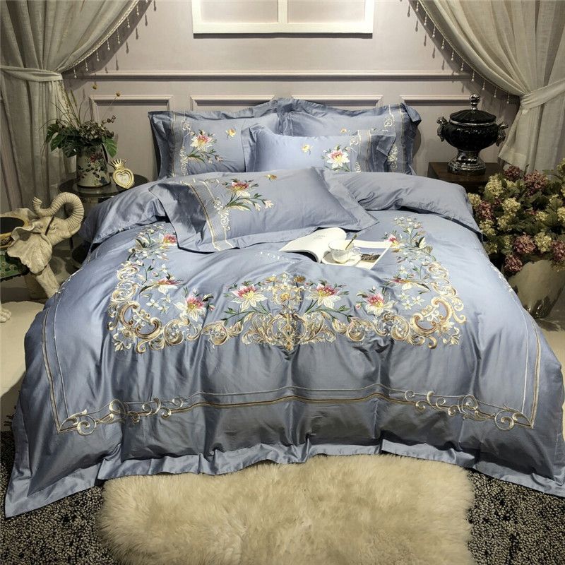 Luxury Blue Egyptian Cotton Bedding Set Queen King Size Bed Sheet