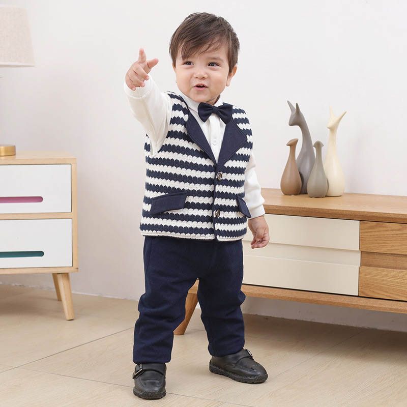 Boys Baby Children Long Sleeve 3pcs Tops Plaid Coat Trousers Set Casual Party