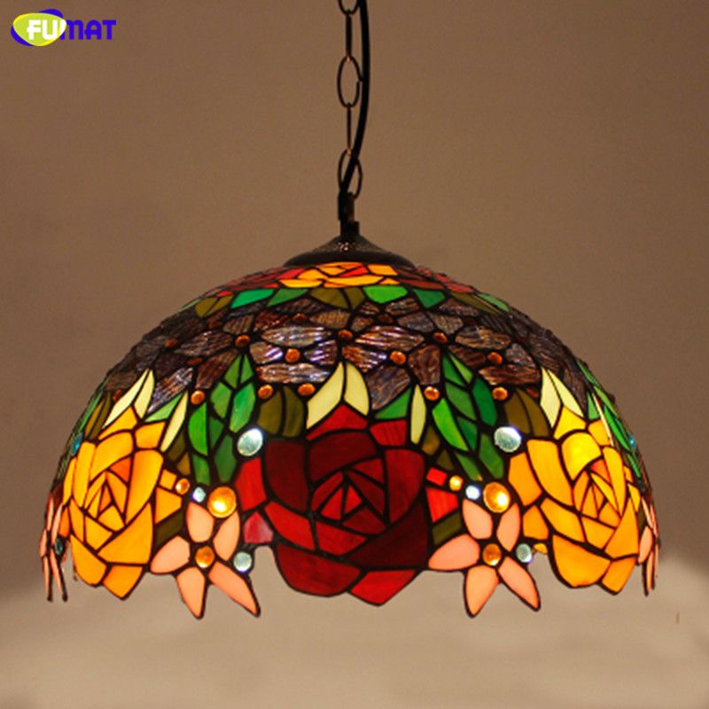 Fumat Stained Glass Pendant Lights Rose Flower Hanglamp E27 Led Hanging Light Fixture Suspension Luminaire Pendant Lamps Pendant Track Lights Discount