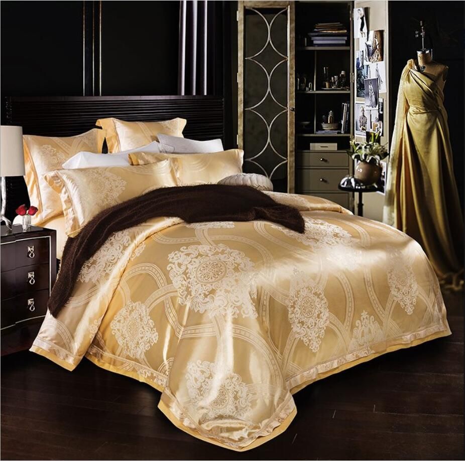 Gold Jacquard Satin Bedding Sets Luxury 4/Silk/Cotton Duvet Cover King