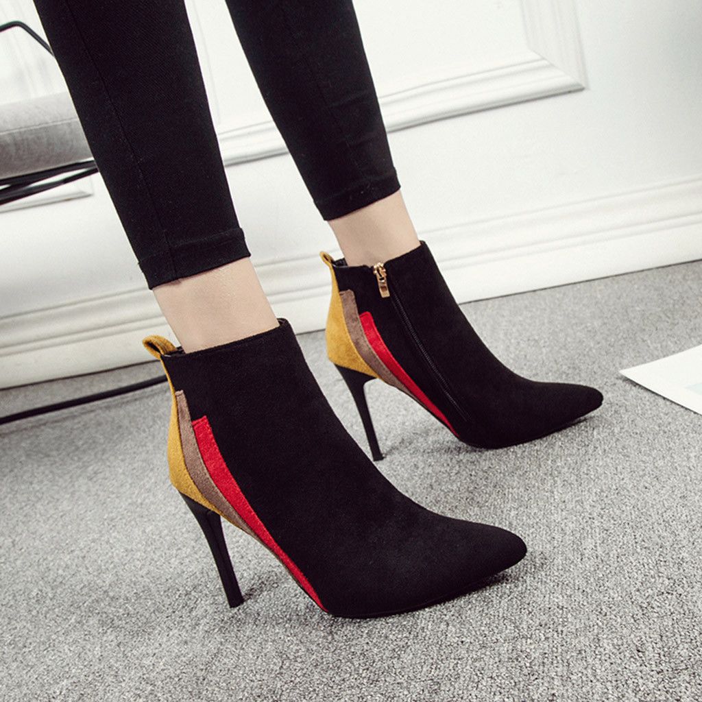 Womens Mixed Color Zipper Leather Casual Pointy Toe Stilettos High Heel Shoes