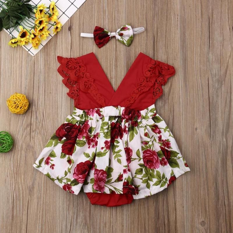 2PCS Toddler Baby Girls Summer Sleeveless Flower Lace Dress+Headband Outfit Set