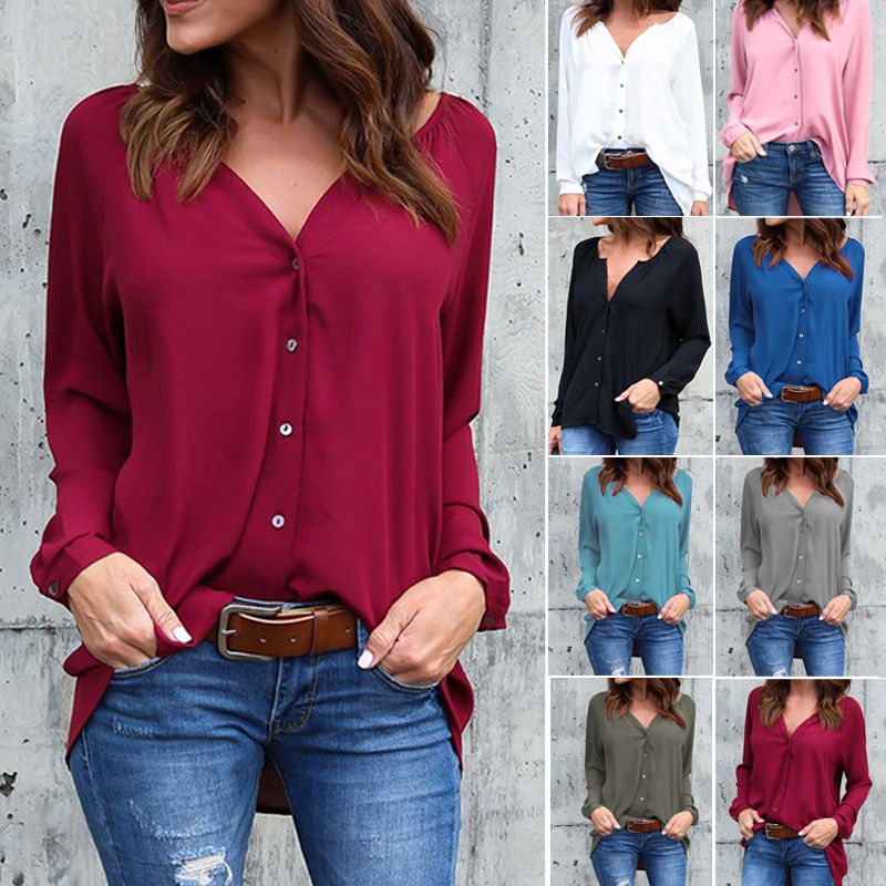 Compra Camisa De Gasa Para Mujer Camisa Con Cuello En V Botón De Cuello  Largo Para Mujer Blusas De Manga Larga Punto Abierto Punto Liso Color  Sólido Tops 43 Barato | Entrega
