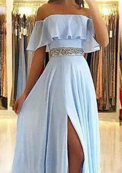 light blue prom dress off the shoulder
