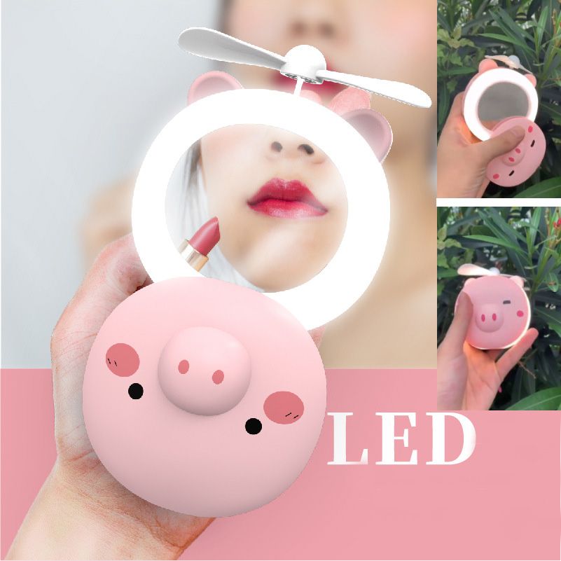 Mini ventilador Mango portátil de cerdo USB con espejo maquillaje y luz de