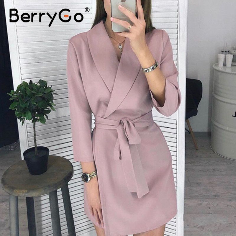 Berrygo V Neck Work Wear Office Dress Women High Waist Long Sleeve