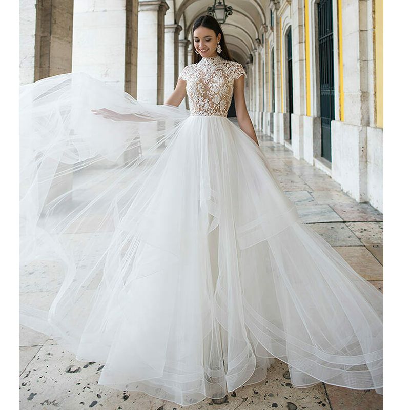 high neck cap sleeve wedding dress