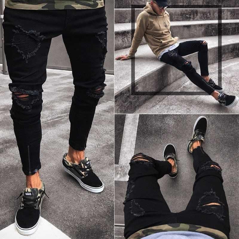 Compra Estirar Los Pantalones Vaqueros Del Negro De Las Bragas De Los Pantalones  Largos Delgados De Los Hombres Jóvenes Pantalones Negros Para Agujeros  Hombres Hip Hop Rock Vaqueros Rotos Barato | Entrega