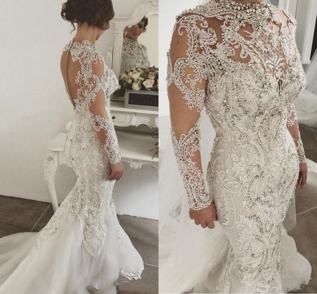 Luxury Rhinestones Mermaid Wedding Dresses High Neck Lace Applique ...