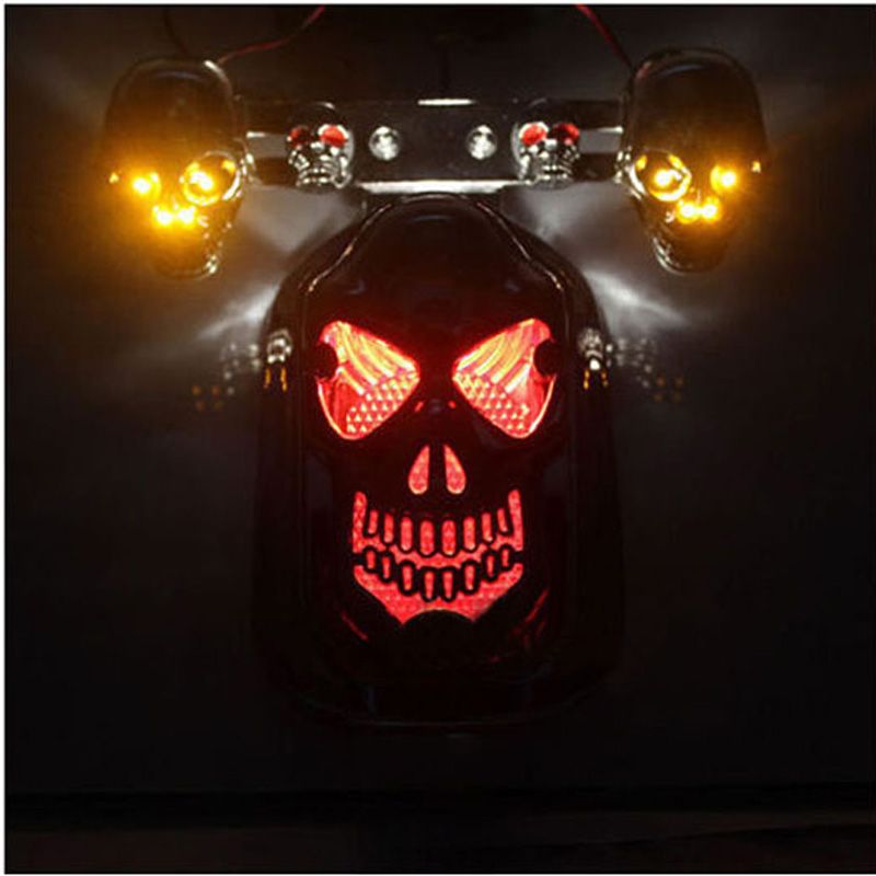 Universal Black Chrome Motorcycle Skull Turn Signal Rear Brake Tail