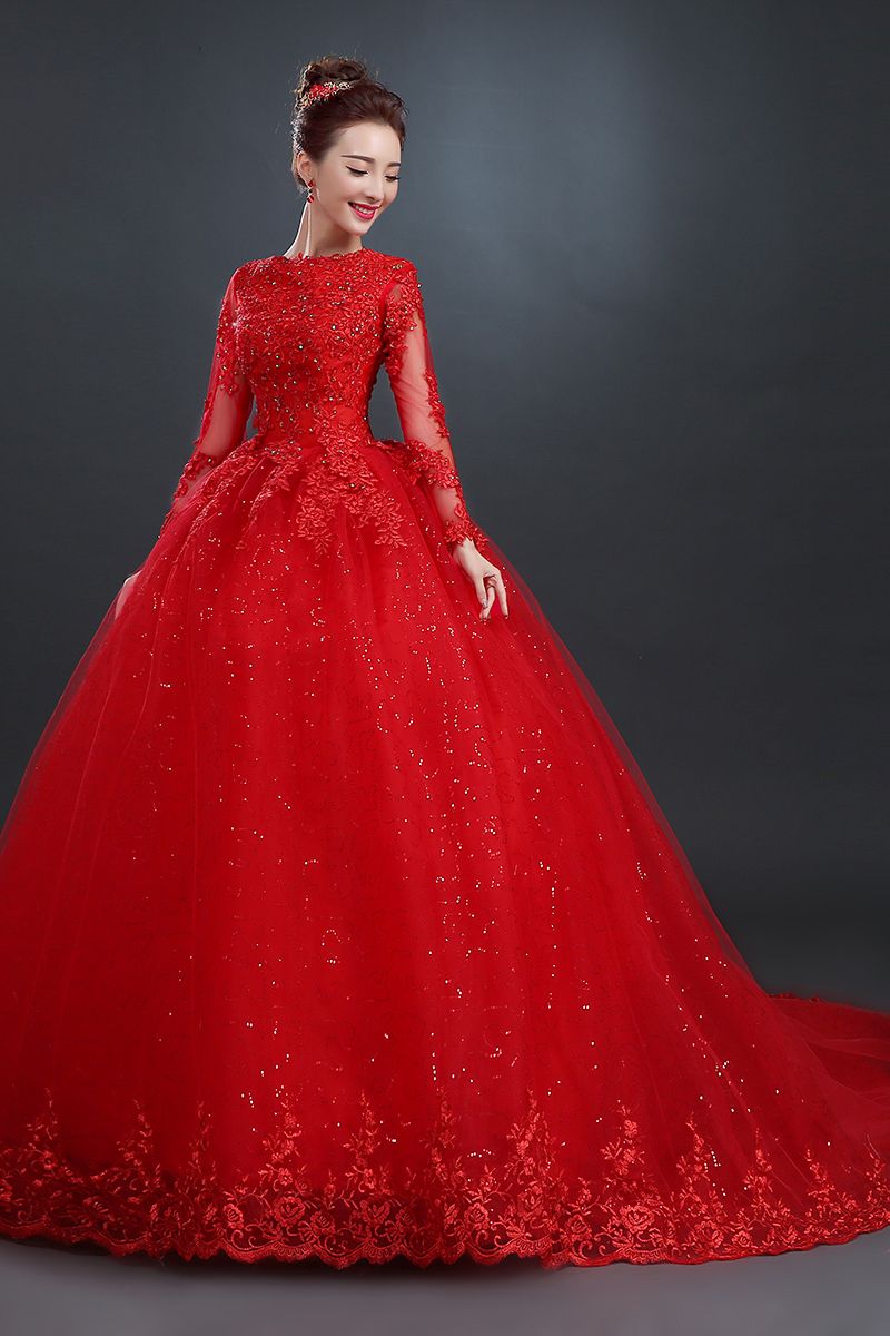 Red Ball Gown Modest Wedding Dresses 