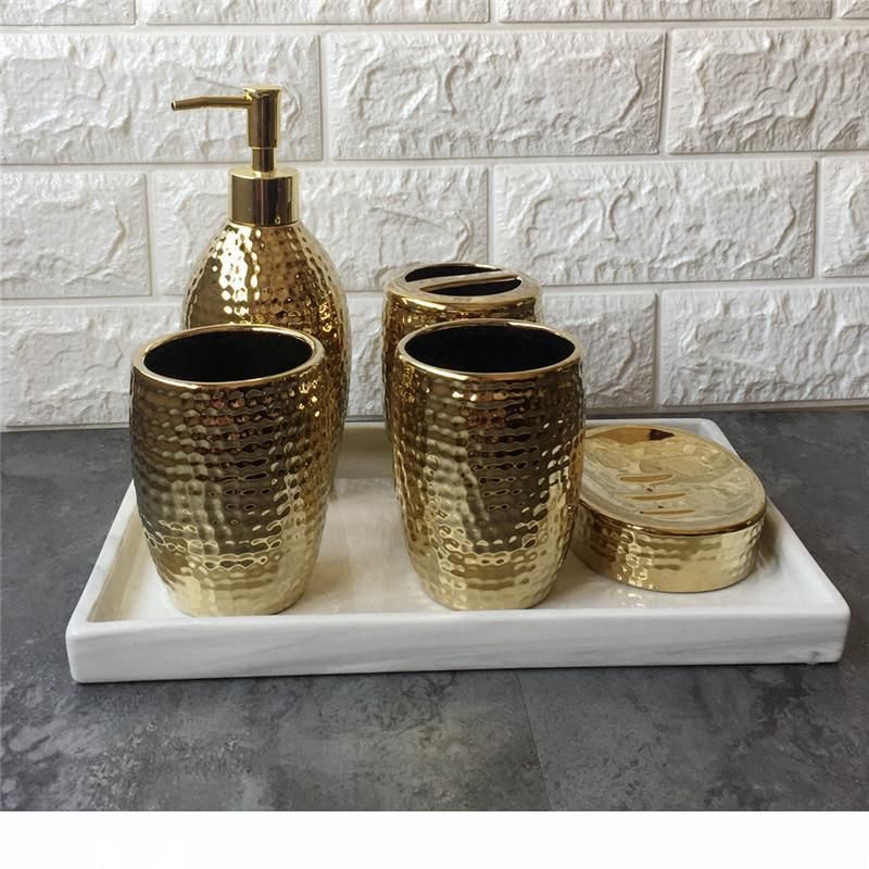 Mygift 4 Piece Modern Gold Ceramic Bathroom Accessory Set
