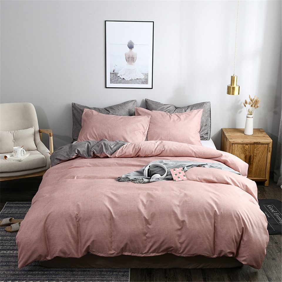 Duvet Cover Sets Pink And Grey Ab Side Texture Printed Plain Color