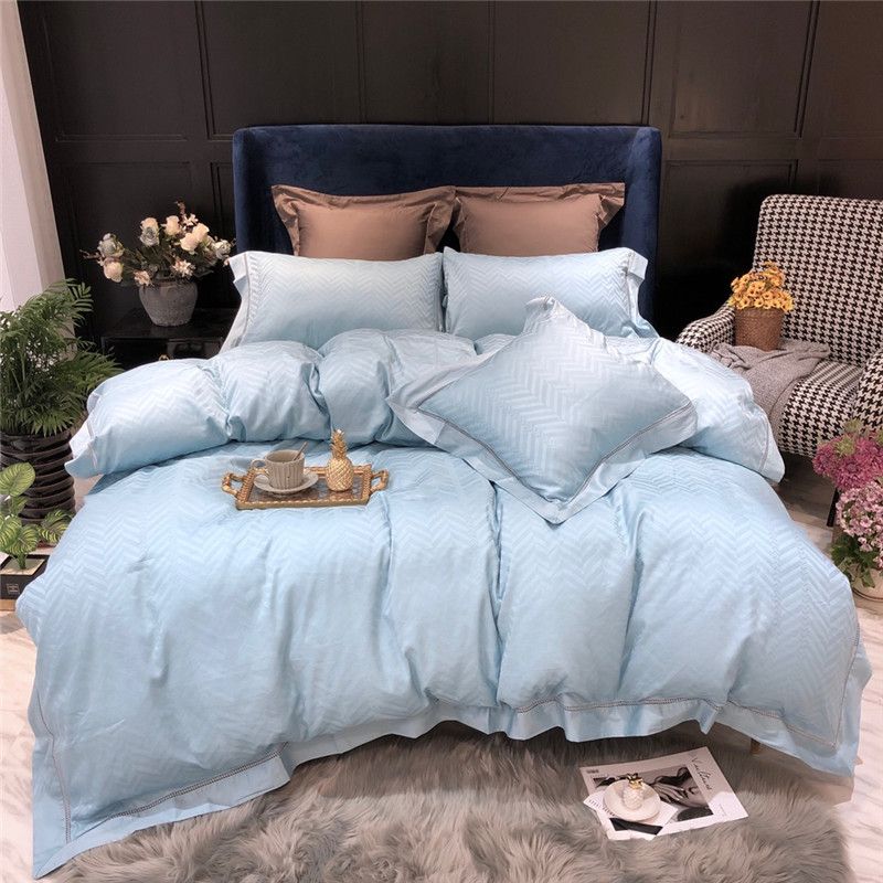 Light Blue Egyptian Cotton Bedding Set Queen King Size Bed Set