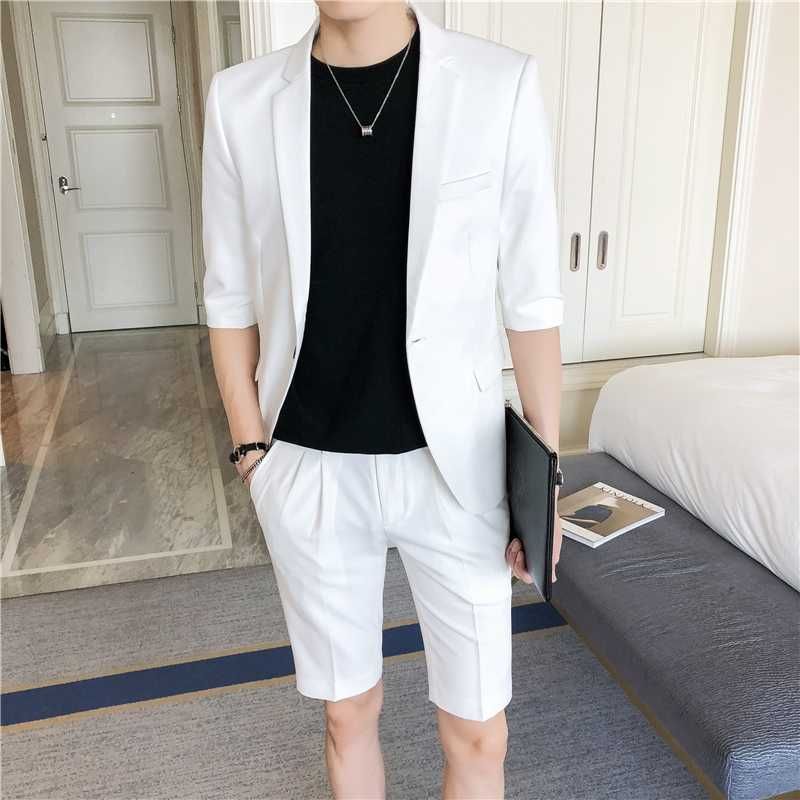 2021 Korean Style Mens Clothing Men Suit Set Slim Fit Half Sleeve Knee ...