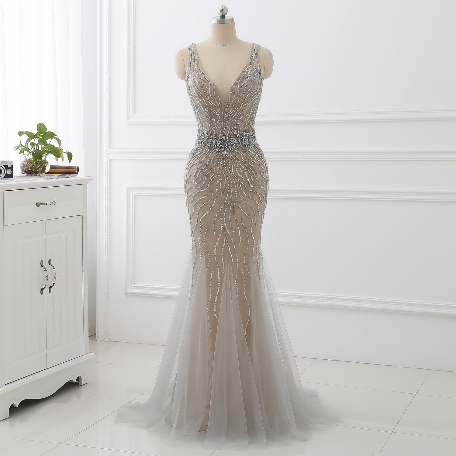 Light Grey Mermaid Prom Dresses Evening Dress Long 2019 Beaded Belt