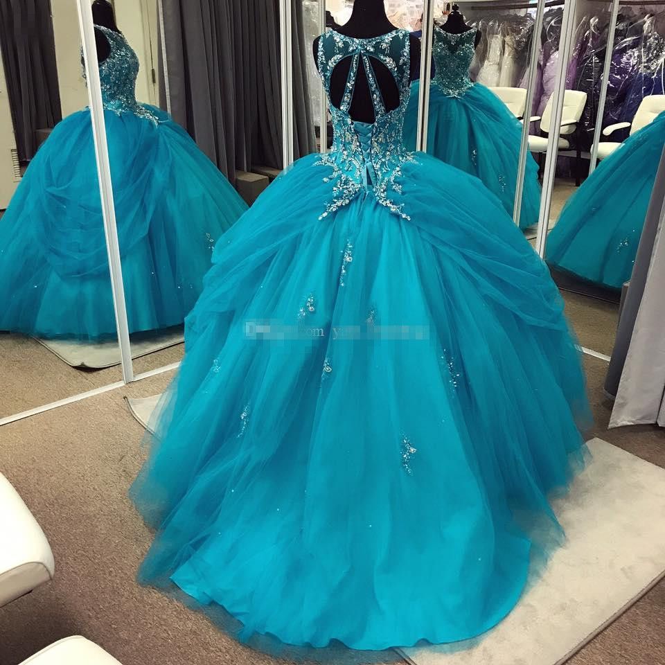 Compra Azul Turquesa Tul Vestido De Baile De Quinceañera Vestidos  Escarpados Del Cuello Del Tamaño De Cristal Apliques Sin Respaldo Plus  Dulce 16 Vestidos Vestidos De Baile Lace Up Barato | Entrega