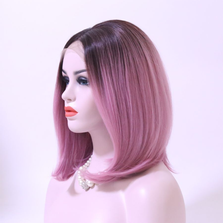 Short Pink Ombre Bob Wigs Straight Cosplay Synthetic Lace Front