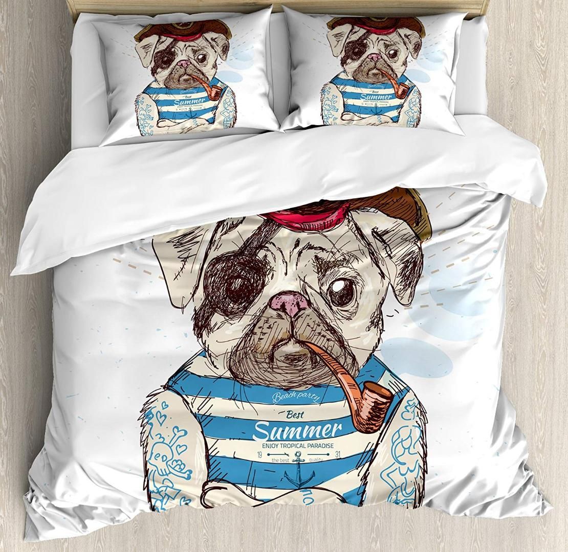 Pug Duvet Cover Set Queen Size Pirate Pug Conqueror Seas Pipe