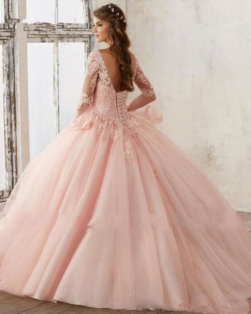 Elegant Baby Pink Long Sleeve Prom 