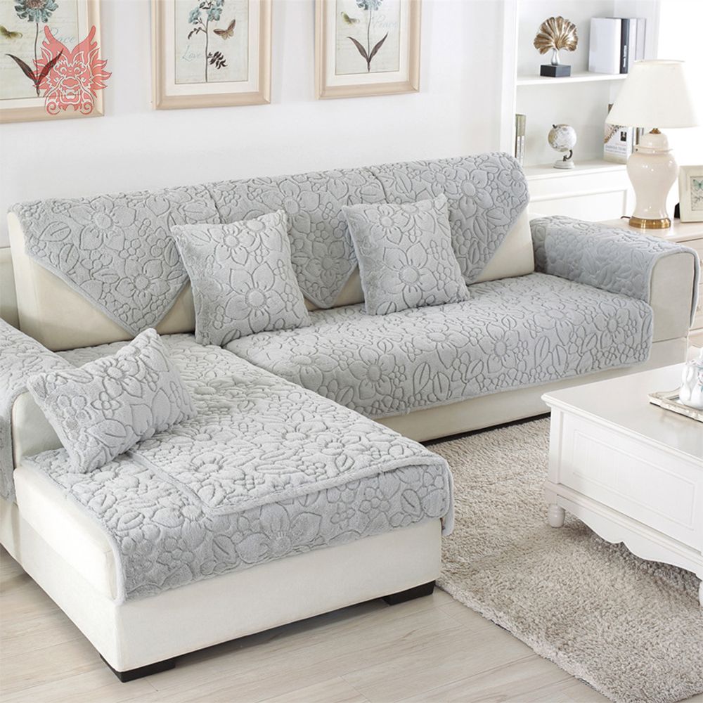 White Grey Floral Quilted Sofa Cover Plush Long Fur Slipcovers