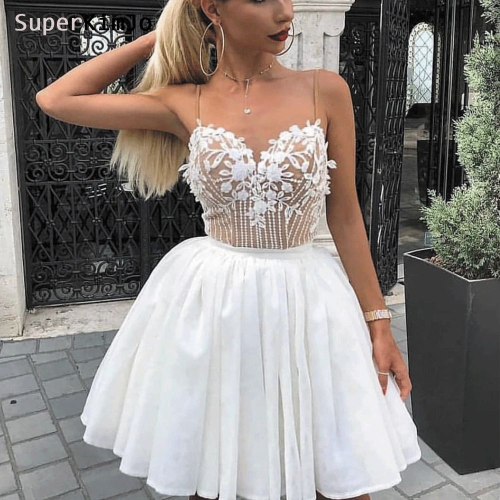 Vestidos fiesta cortos con cuentas Vestido cóctel con apliques de encaje blanco 2020