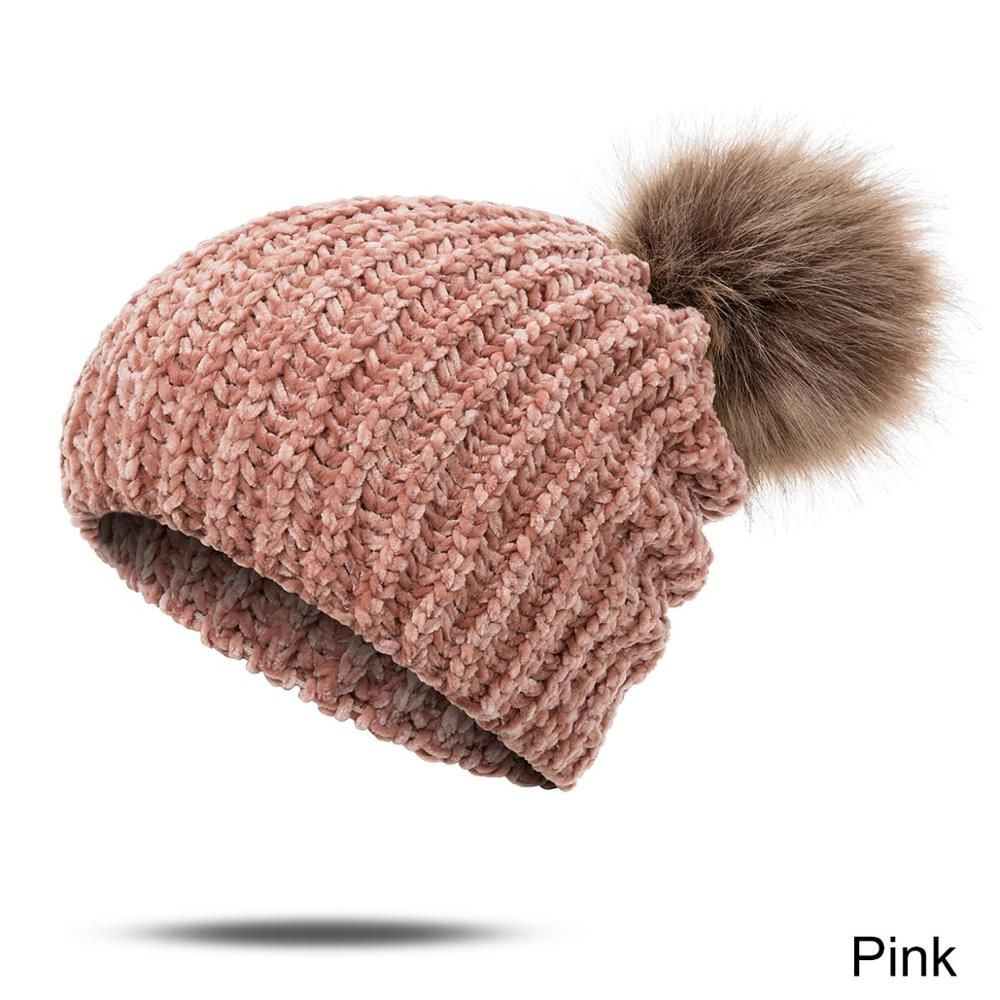 Skullies Winter Hat For Women Knitted Fur Pompom Soft Thick Head Accessories New