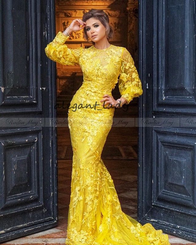 2019 Gold Yellow Lace Long Sleeve Dubai 
