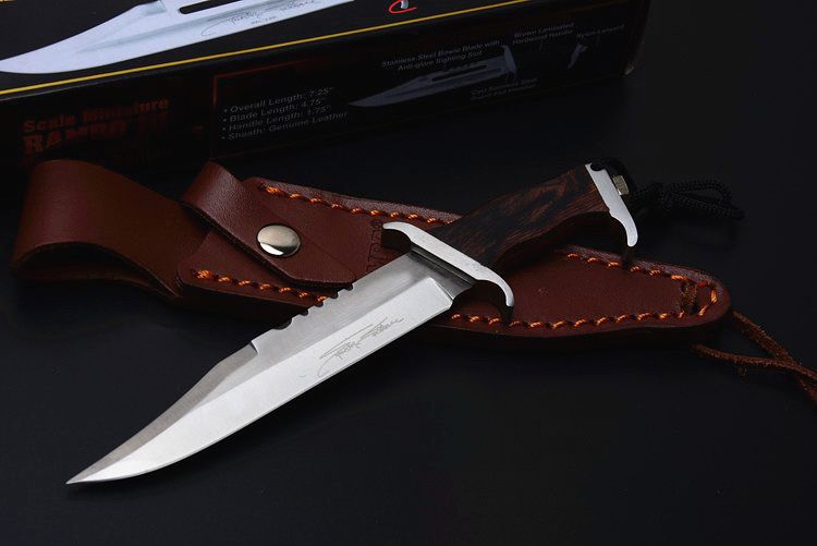 New Small Rambo III Survival Straight Knife 440C Satin Blade Wood