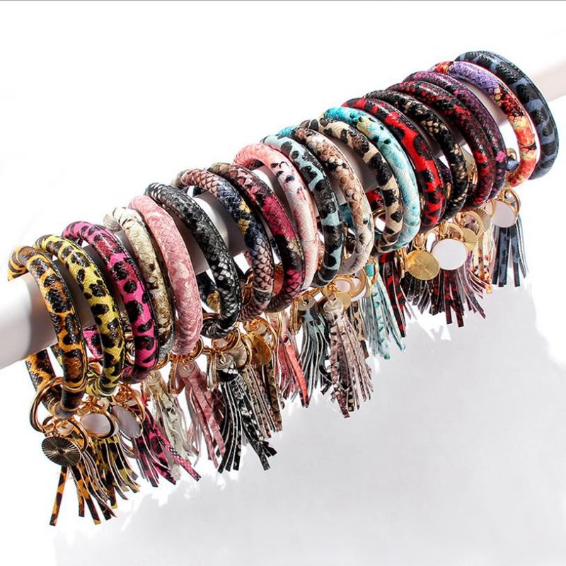 Bracelet Keychain PU Leather Wristlet Key Holder Tassel Bangle