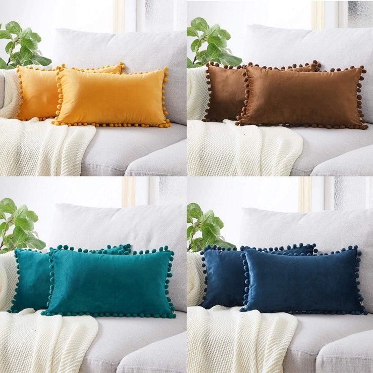 MIULEE 2 Piezas Funda Cojines Corduroy con Pomones Fundas de Almohada Decorativa de Terciopelo Cojines Decoracion Suave para Sofá Silla Cama Dormitorio Salon Habitacion 50x50cm Amarillo Anaranjado