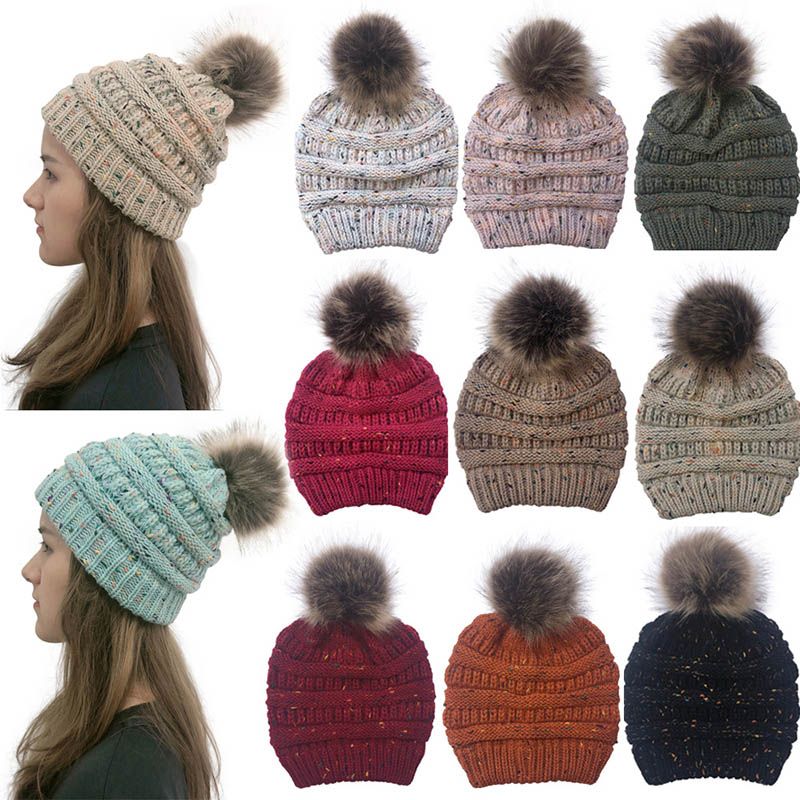 CC Hat Pom Poms Women Twist Knit Crochet Cap CC Beanie Outdoor Winter