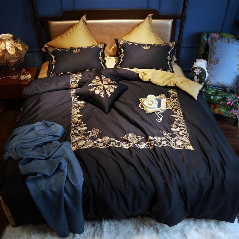 Luxury Egypt Cotton Black Gold Crown Bedding Set Embroidery Silky